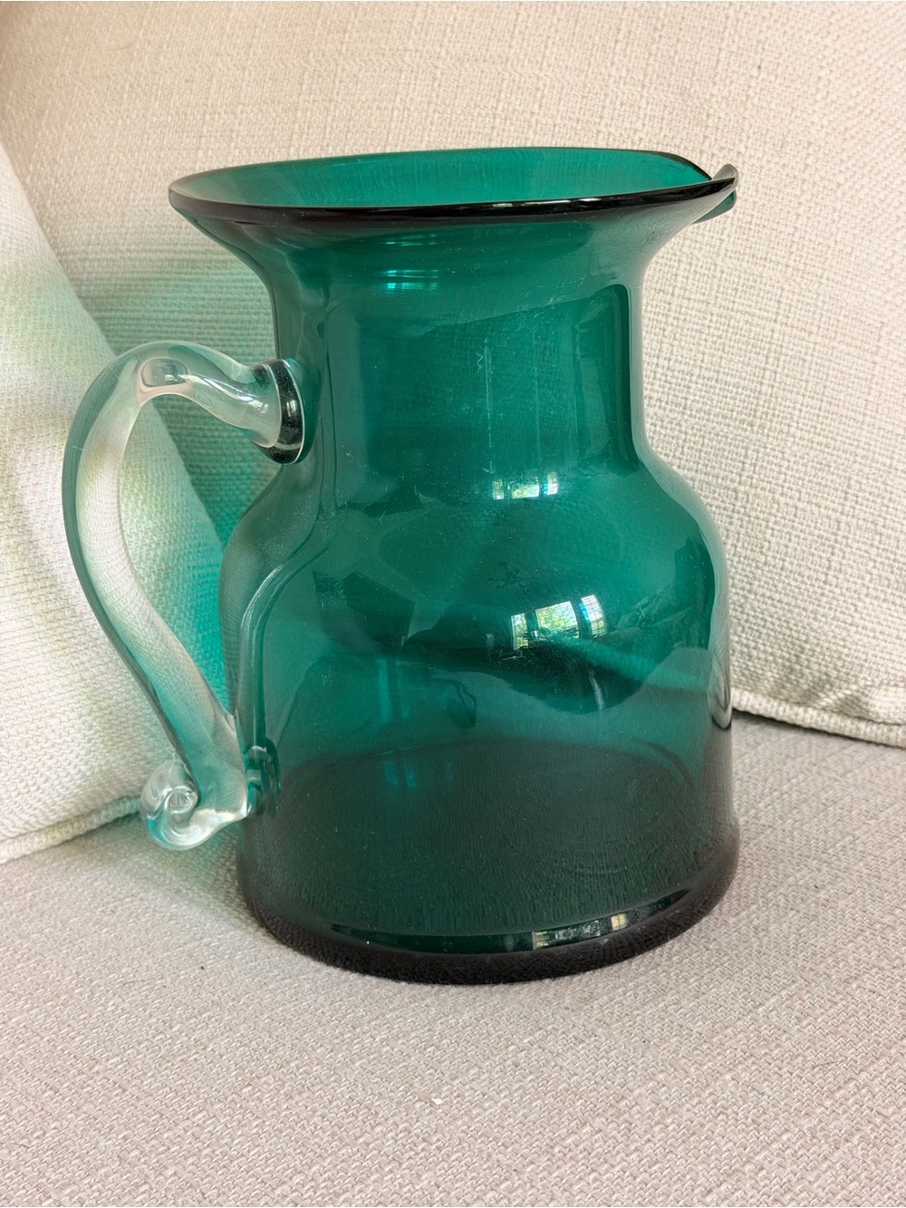 Emerald Green Glass Pitcher with Clear Handle